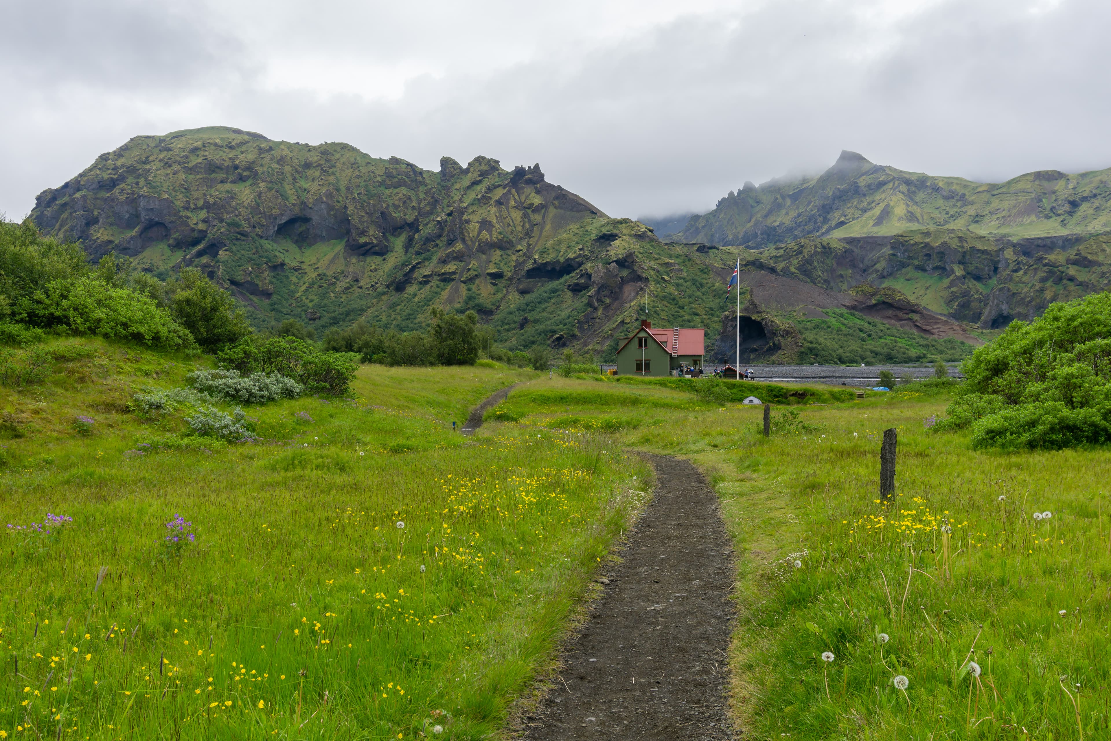 The Langidalur campsite in the Þórsmörk valley, ringed by glaciers