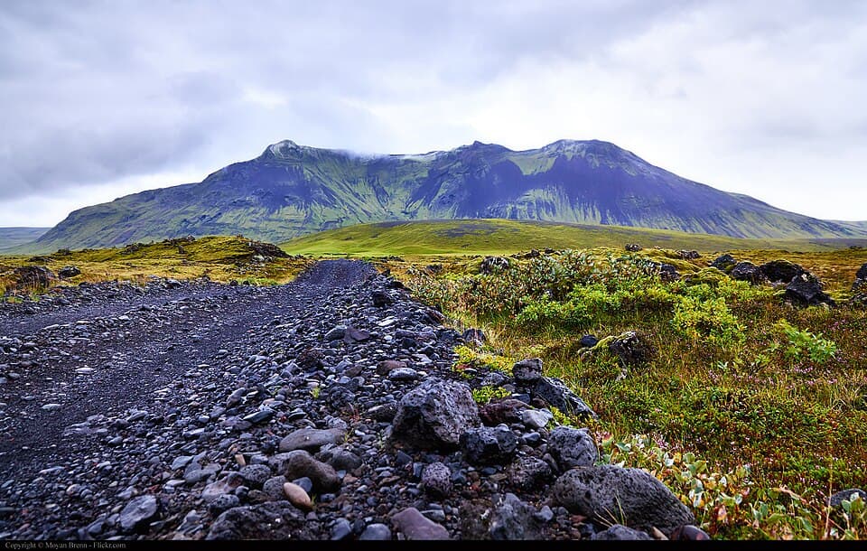A remote southern Highland F-road with glacial rivers and volcanic terrain