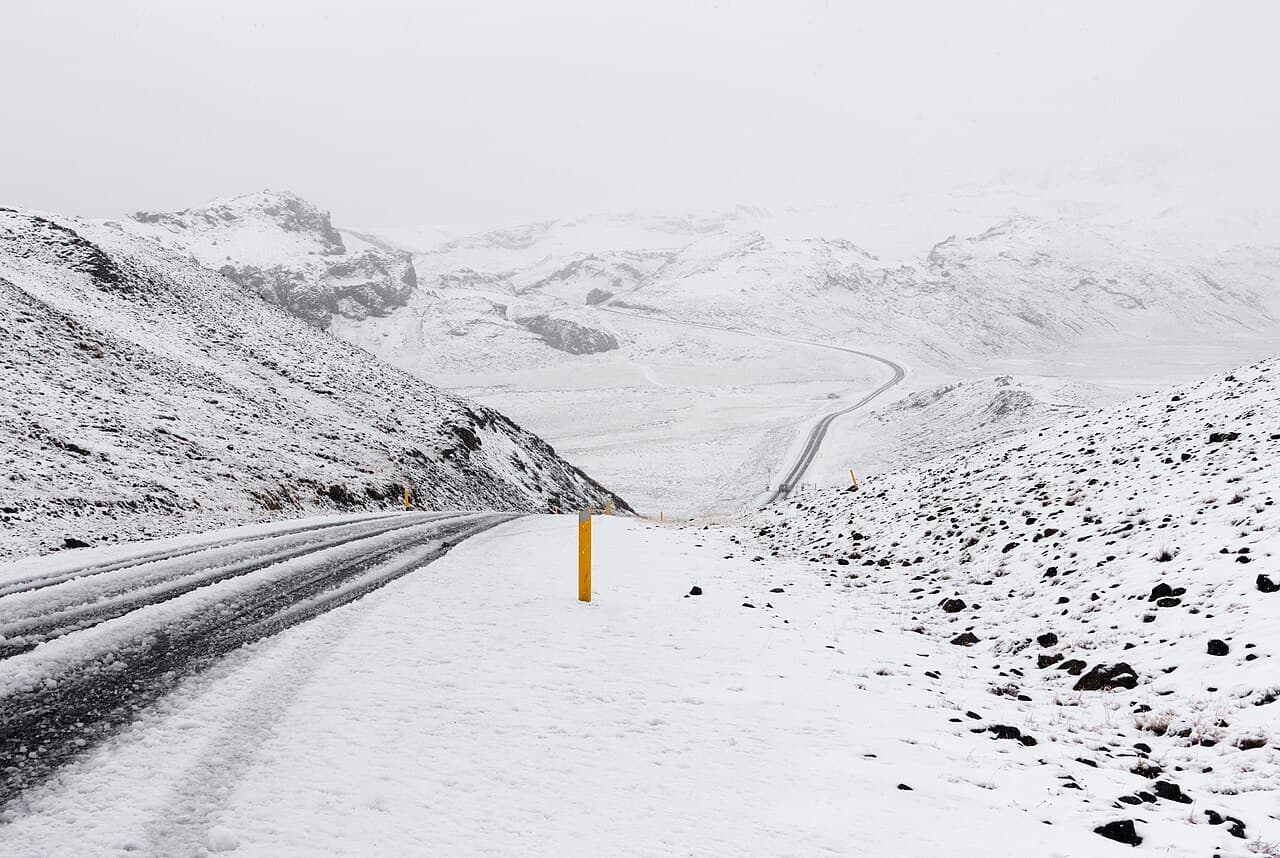 A whiteout on an Icelandic road in winter, with visibility reduced to almost nothing