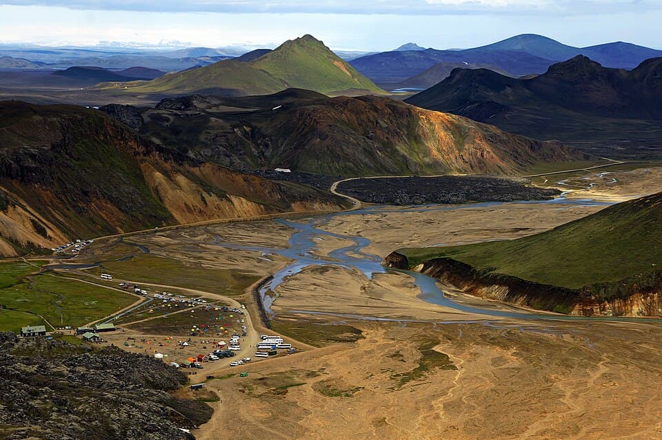 A gravel Highland road crossing volcanic terrain toward Landmannalaugar