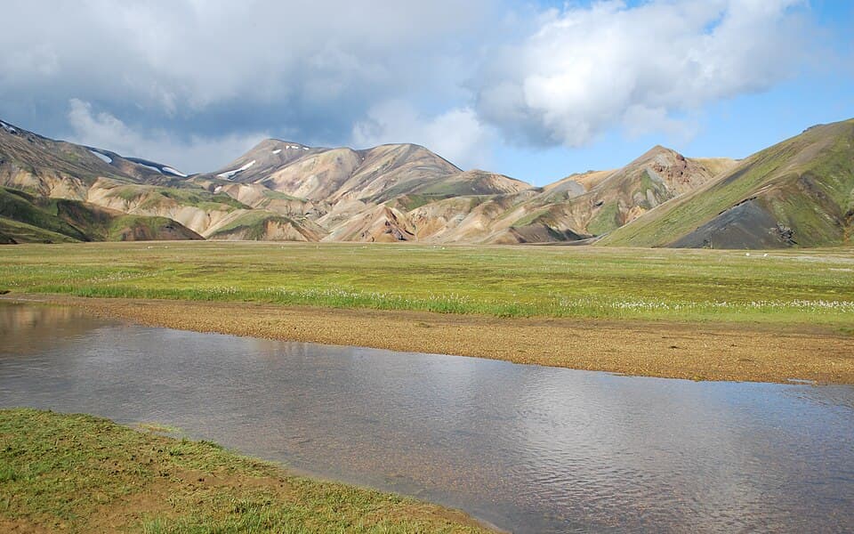 Tents pitched at the Landmannalaugar campsite in the Icelandic Highlands