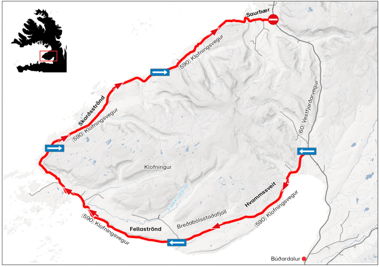 Vegagerðin map of Klofningsvegur (Road 590) in Dalabyggð drawn as a red one-way loop through Hvammssveit, Fellsströnd and Skarðsströnd to Saurbær, with a no-entry symbol at Saurbær.