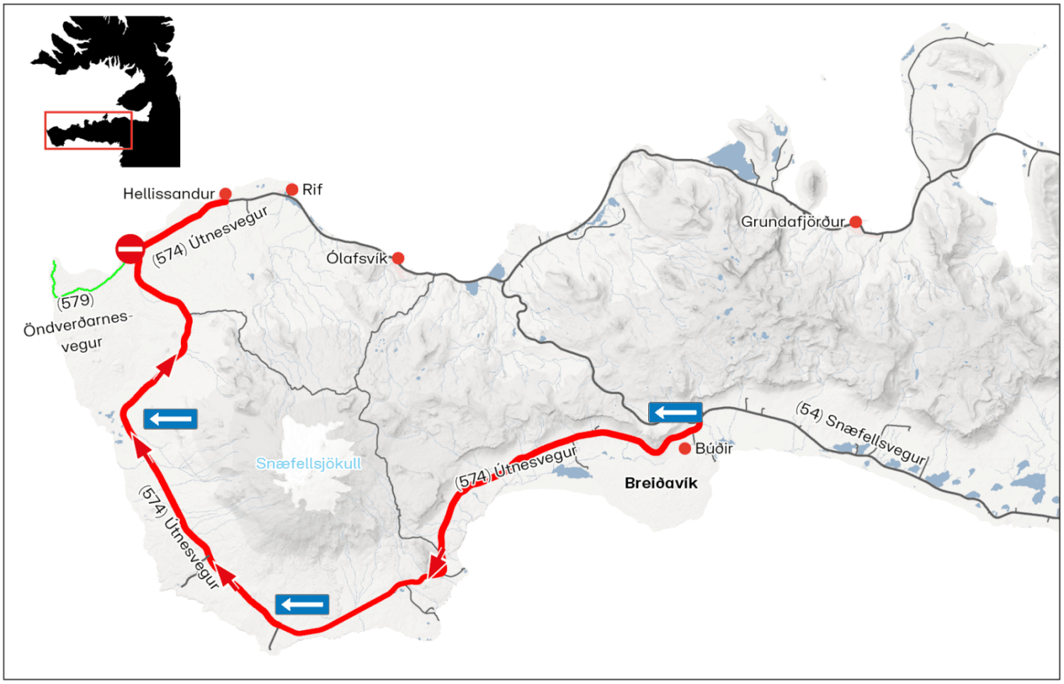 Vegagerðin map of Snæfellsnes showing Útnesvegur (574) in red running one-way from Búðir around the west tip to Hellissandur, Öndverðarnesvegur (579) in green, and a no-entry symbol at the Hellissandur end.