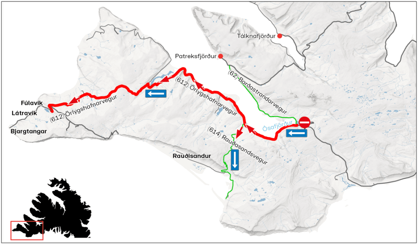 Vegagerðin map of the Látrabjarg area showing Örlygshafnarvegur (612) in red running west towards Látravík and Bjargtangar, Rauðasandsvegur (614) in green towards Rauðisandur, and a no-entry symbol at the junction with Barðastrandarvegur (62).