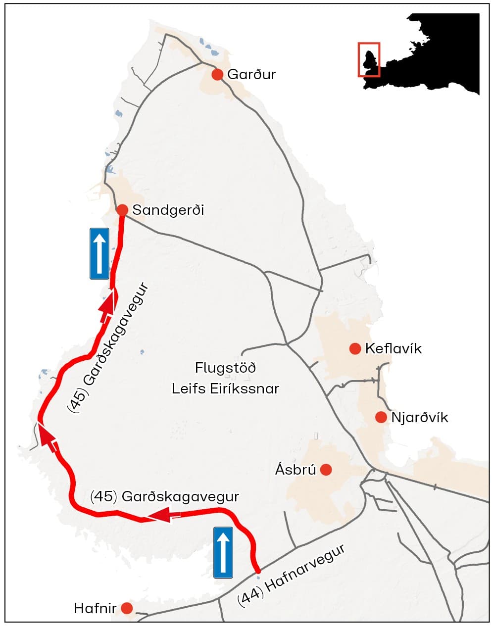 Vegagerðin map of Garðskagavegur (Road 45) on Reykjanes, marked in red from Hafnarvegur (44) around the point north to Sandgerði, with arrows showing the direction traffic is sent.