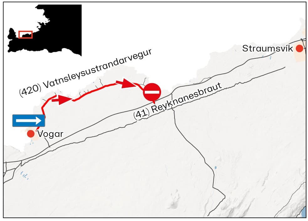 Vegagerðin map of Vatnsleysustrandarvegur (Road 420) marked in red from Vogar eastward to Kúagerði, with a no-entry symbol at the Reykjanesbraut end.