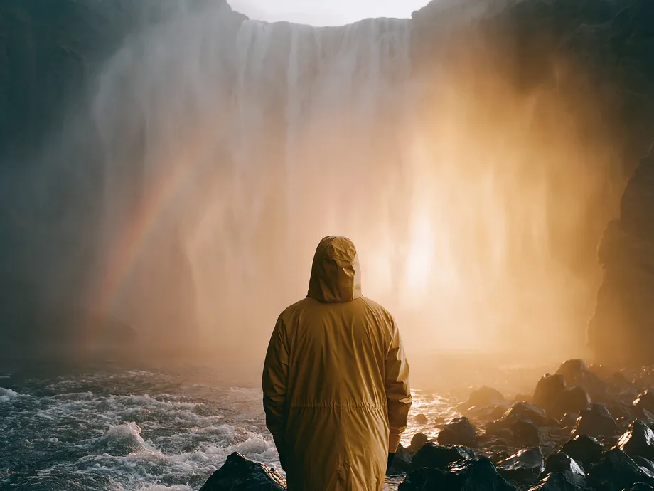 A traveller in a yellow raincoat facing a huge backlit Icelandic waterfall