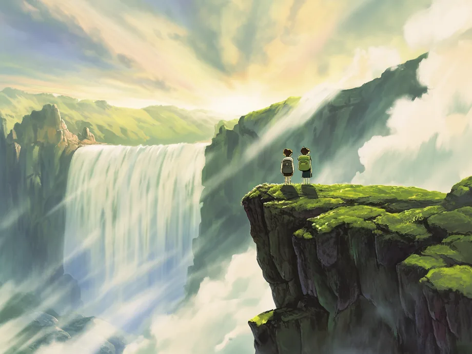Anime-style illustration of two travellers on a mossy cliff above a waterfall
