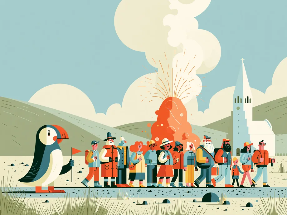 Flat illustration of a puffin guide leading a tour group past an eruption