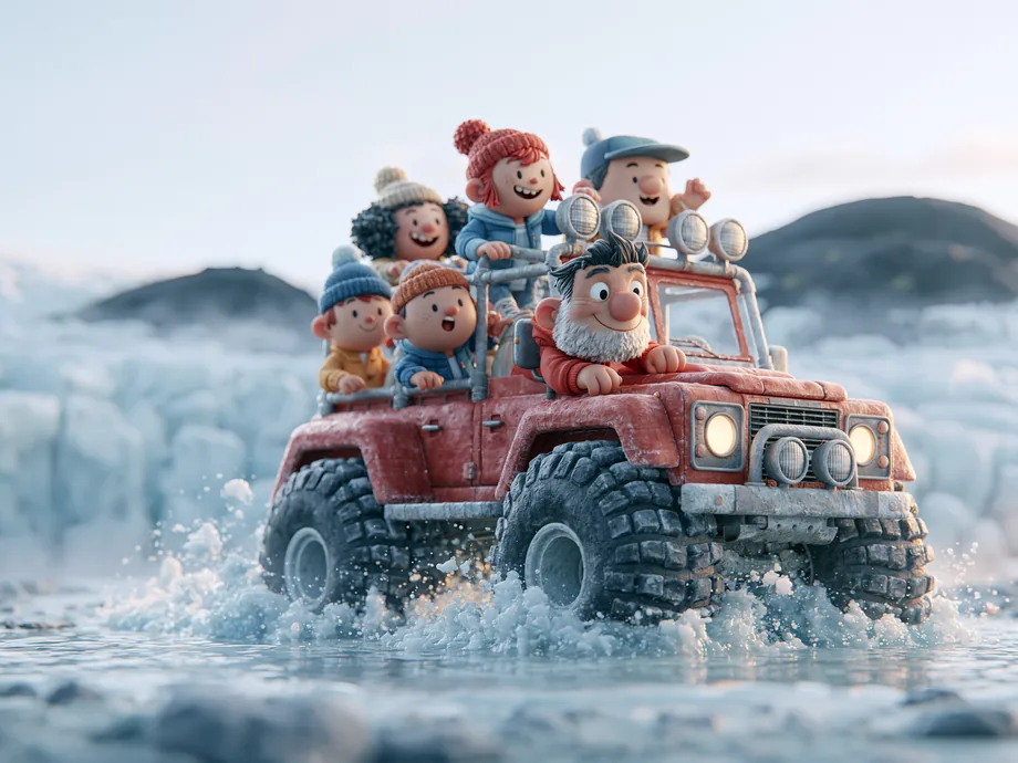 Cartoon 3D render of a red super jeep splashing through a glacial river