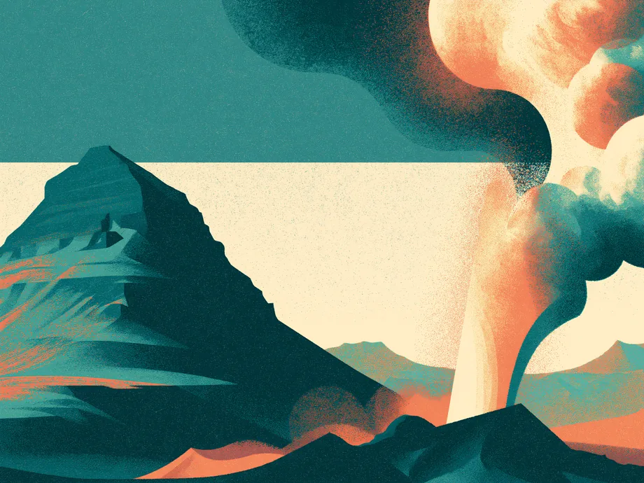 Mid-century travel poster of an Icelandic peak and an erupting volcano