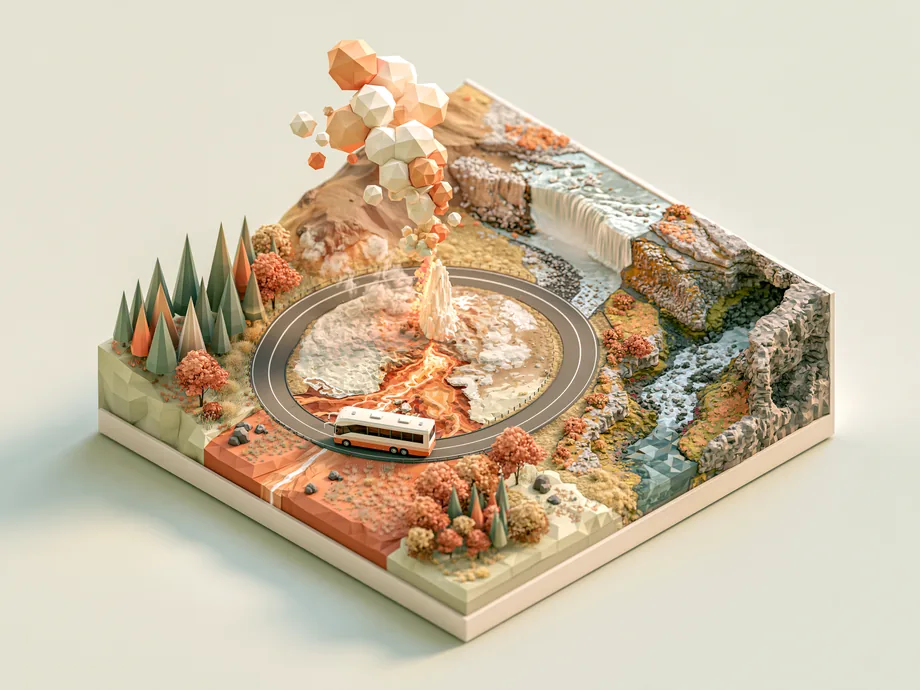 Isometric miniature diorama of the Golden Circle with a tour bus