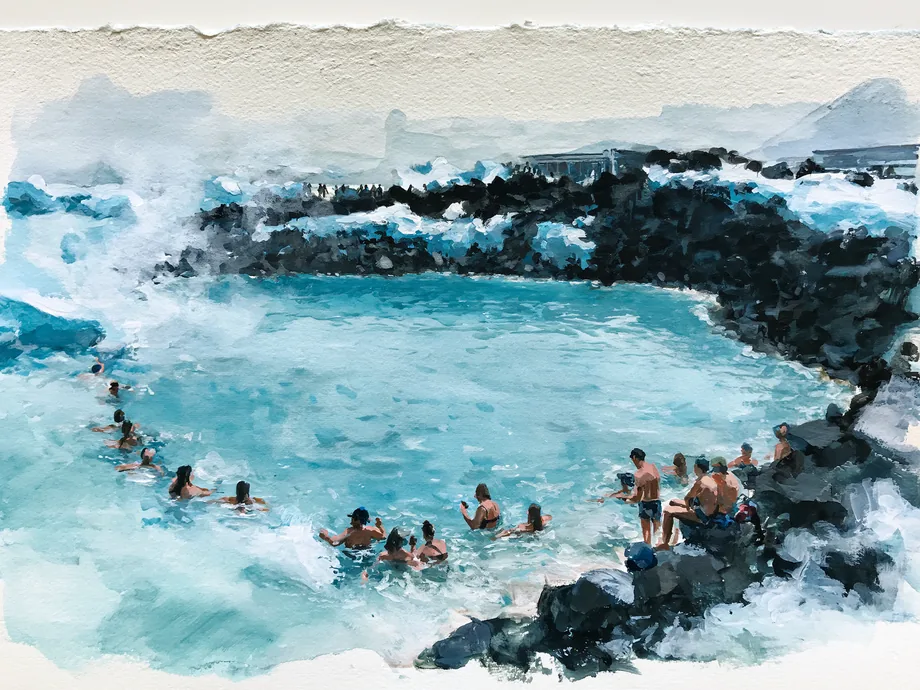 Watercolour painting of bathers in a turquoise geothermal lagoon
