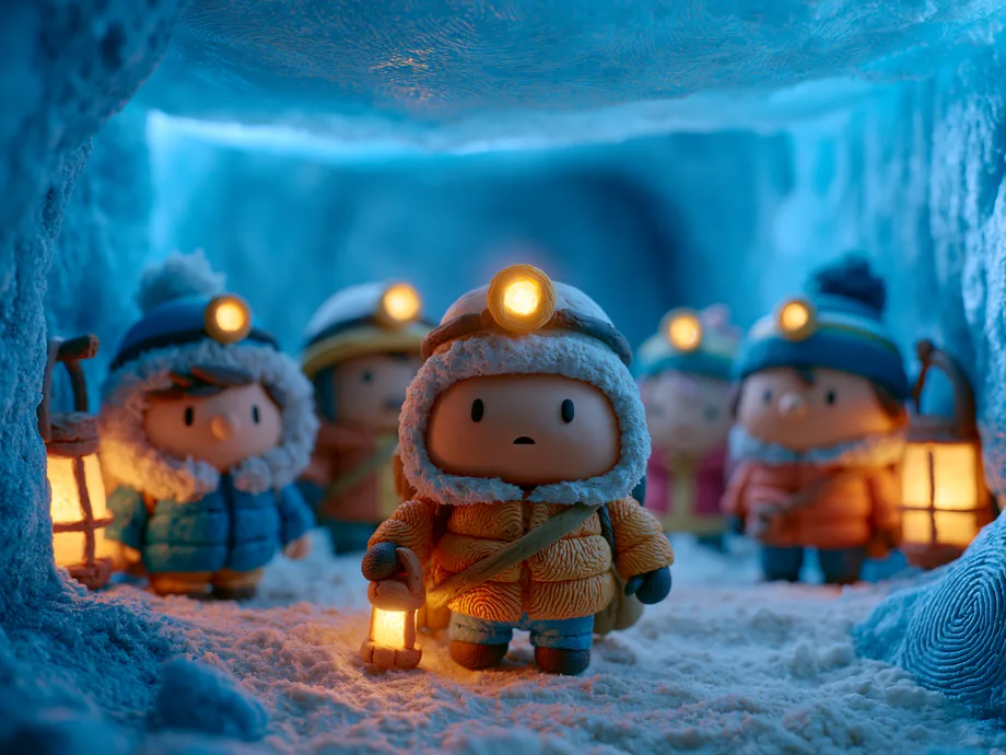 Claymation-style explorers with headlamps inside a blue ice cave