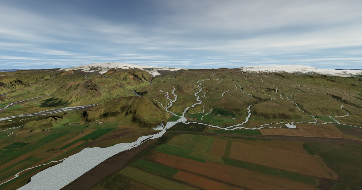 Braided glacial rivers running from the Eyjafjallajökull ice cap to Iceland's south coast, seen from the air in Fly Over Iceland